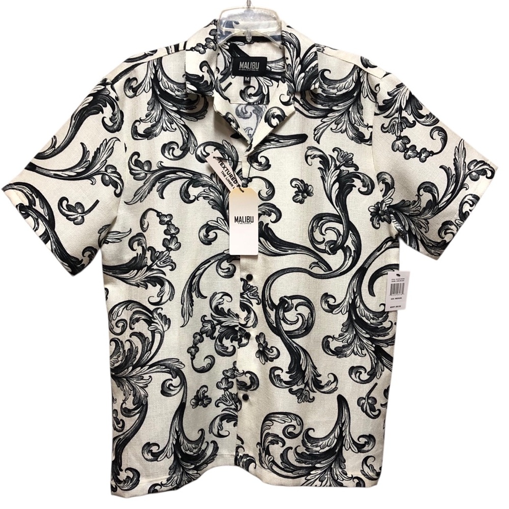 Malibu N.W.T. Black/White/Ivory Scroll Print Short Sleeve ButtonDownLinen Blend